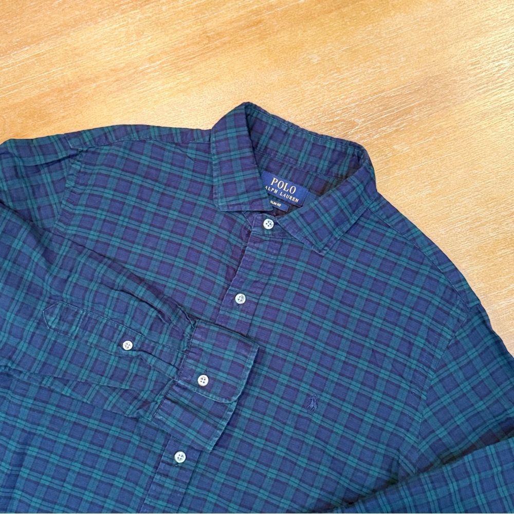 Polo Ralph Lauren Slim Fit Cotton Long Sleeve Button Down Blu/Grn Plaid Sz L